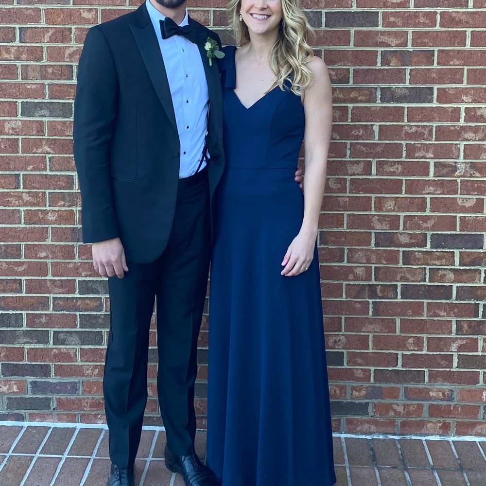 Hayley Paige bridesmaid dress, crepe, 52113, indigo (navy blue), size 6